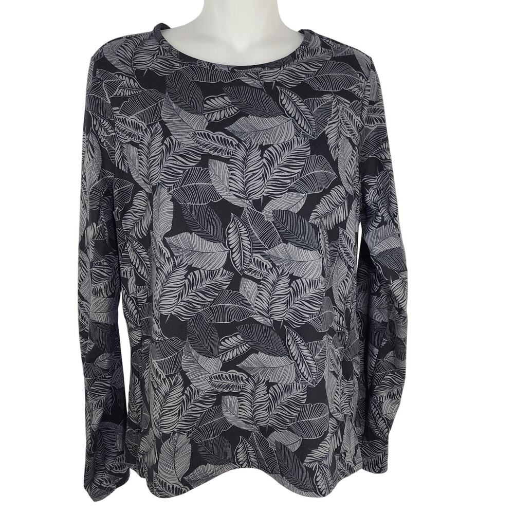 Hang Ten Sun Tee Women’s Medium UV UPF 50+ Floral Leaves Zip Pocket Sunray Black